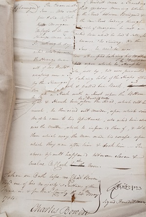 National Library of Wales, 4/625/6 (1784) Assault – Thomas David late 18th century criminal deposition of Benedict Moses, and Jewish pedlar who was assaulted and robbed while on the road selling his wares. He signed his deposition in highly elegant Hebrew.