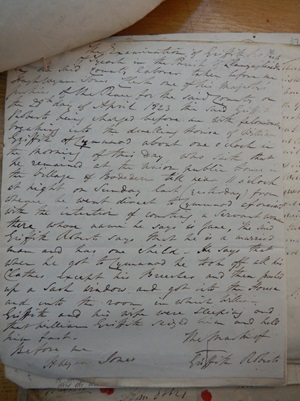 Early 19th century criminal deposition of Griffith Roberts, labourer which describes how he left a pub late one night, went to a nearby house in order to ‘court’ a young servant woman who lived there, took off almost off of his clothing before crawling through the wrong window, which resulted in his arrest.