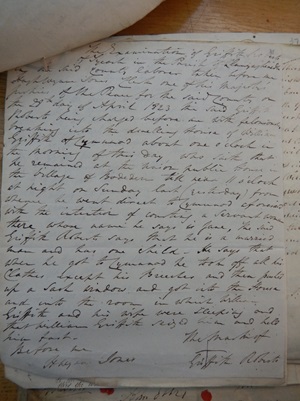 National Library of Wales, 4/259/5 (1823) Burglary – Griffith Roberts Early 19th century criminal deposition of Griffith Roberts, labourer which describes how he left a pub late one night, went to a nearby house in order to ‘court’ a young servant woman who lived there, took off almost off of his clothing before crawling through the wrong window, which resulted in his arrest.
