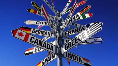 Low-angle view of signpost showing states of the world and their flags.