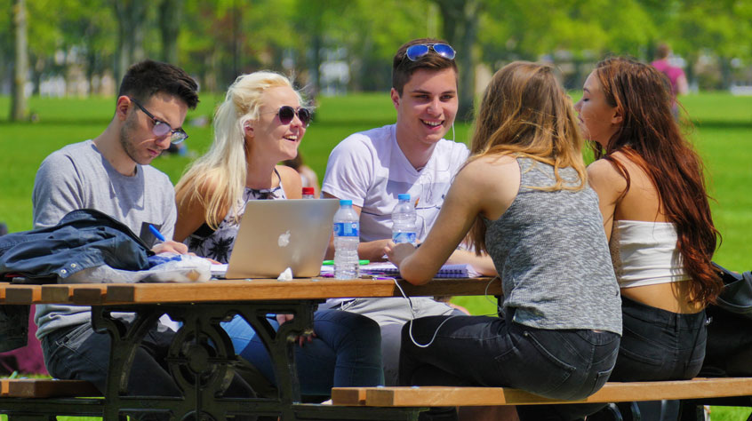 Five students sitting on a bench in a park on a sunny day