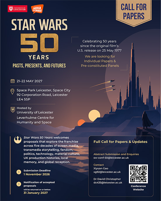 Star Wars 50th anniversary event poster featuring iconic characters and elements from the franchise, inviting submissions for papers