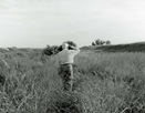 Black and white photograph of an older man in the middle of a grassy meadow, grasses up to his waist, looking away from the camera into the distance