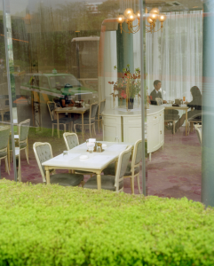 A photograph taken from outside a restaurant over a hedge looking through the glass capturing a couple dining at the back of the room