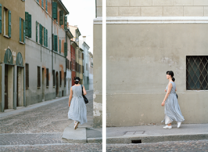Two photographs side by side of a woman walking by buildings on a pavement sequentially, one to the side and another from behind as she walks away down another street as if she has turned a corner