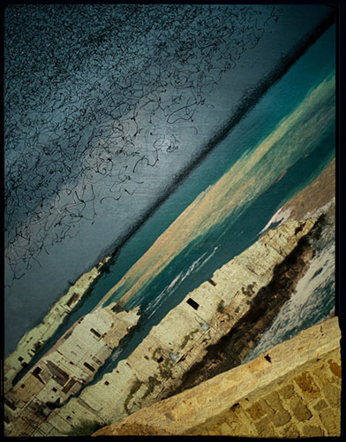 Photographic artwork based on coastal seascape featuring jagged rocks, deep and dark colour contrast between ocean, beach, rocks and stone wall