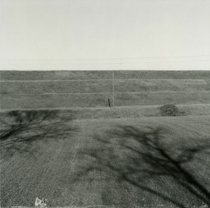 Black and white photograph of a field with tiered, sculpted hills in the background and a looming shadow of two trees across it