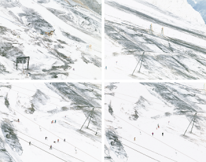 Four aerial photographs of a snowy ski slopes scattered with people and ski lift cables