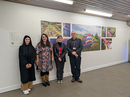 Students with the artist standing in front of Rituals of Tomorrow by Jenny Steele. L-R: Yuan-Yuan Wei, Jenny Steele, Abby McCormac and Andre Bywater Students