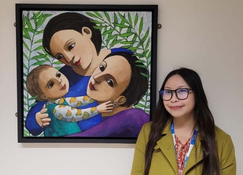 Student in front of Anita Klein painting