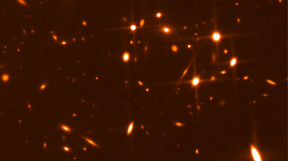 Example simulated MIRI deep-survey image – a portion of the ‘Hubble Ultra-Deep Field’ (HUDF), wavelength 5.6 µm, exposure time ~50 hours; the image covers ~0.75 arcmin x 0.75 arcmin, i.e. ~a quarter of the full field-of-view of the MIRI imager [courtesy Tuomo Tikkanen].