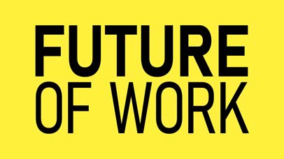 Logo which reads 'future of work' on a yellow background