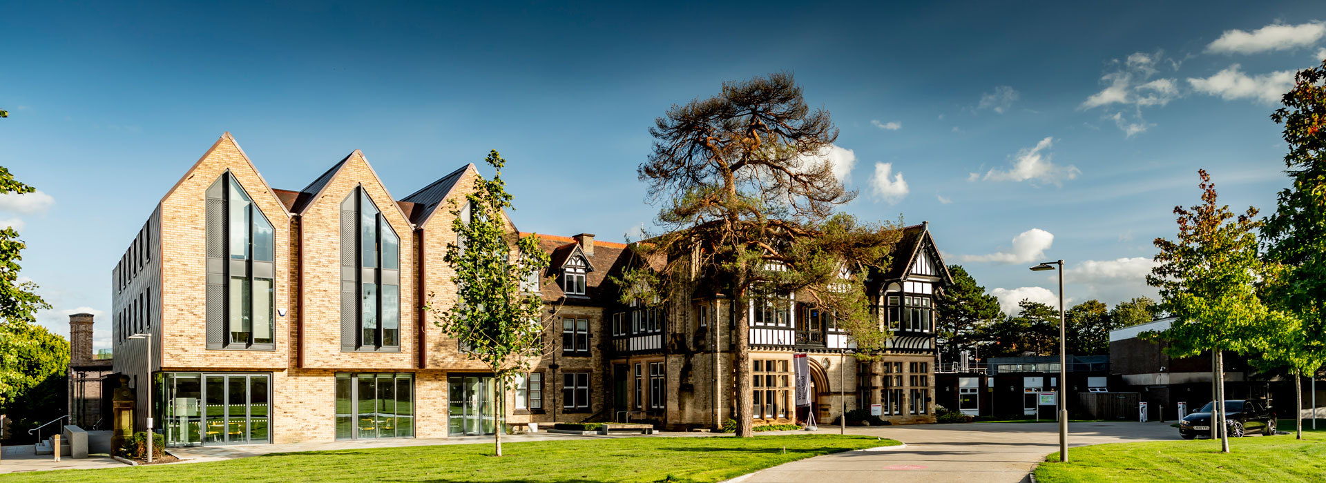 Wide view of Brookfield, part of University of Leicester campus.