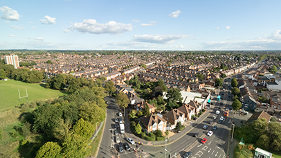 An aerial view over Clarendon Park in Leicester showing rows of houses