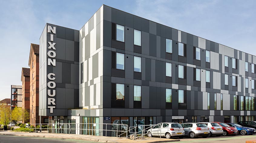 An external shot of Nixon Court student accommodation