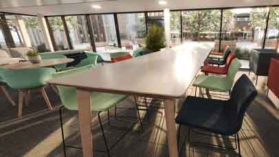 Empty tables and chairs in Freemen's social area
