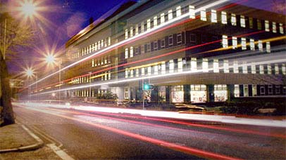 view of maurice shock building at night