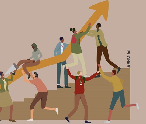 Illustration of people on a set of steps, holding up an arrow which is travelling upwards.