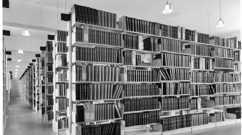 Bookshelves in library from 1953