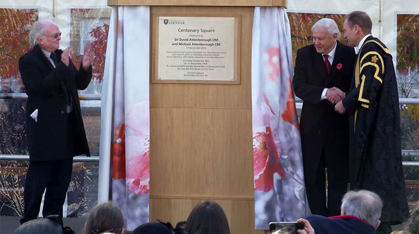 Sir David and Michael Attenborough join the Vice-Chancellor, guests and public to dedicate Centenary Square on 11 November 2018.