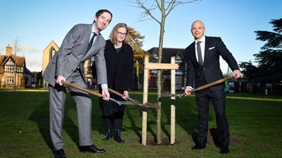 Professor Dan Ladley, Professor Henrietta O'Connor and Sam Barnett plant a tree to mark the official opening of the new Business School.