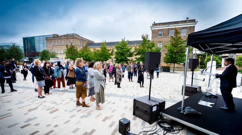 Crowd watching VC Nishan's speech during centenary launch