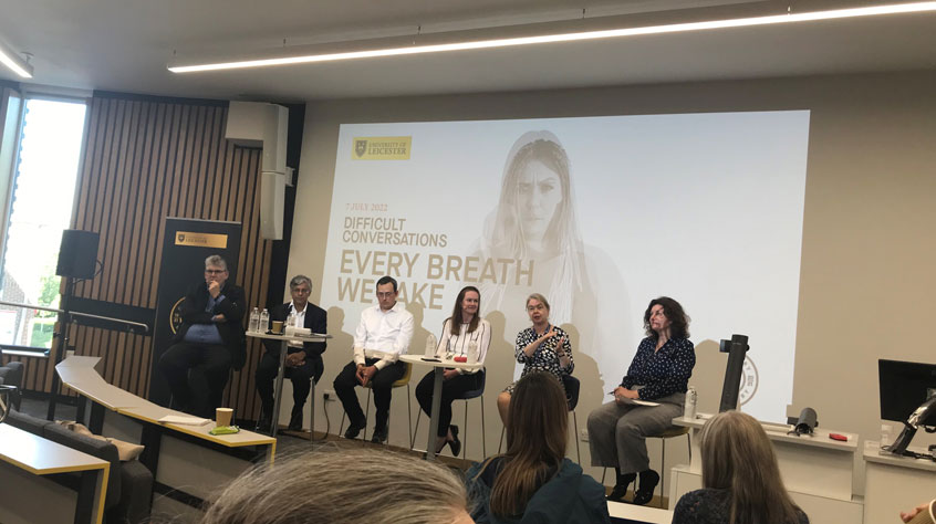 Panel members (l-r) Professor Paul Monks, Professor John Remedios, Dr Joshua Vande Hey, Dr Karen Exley, Professor Anna Hansell and Professor Turi King (Facilitator)