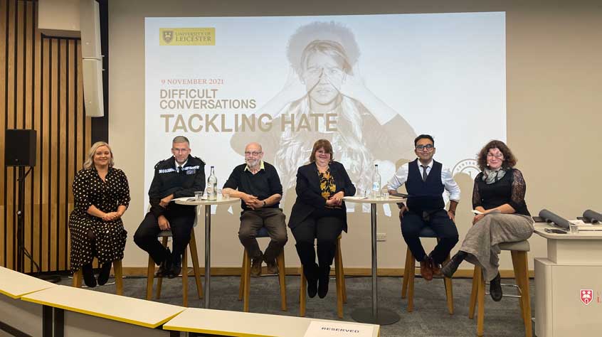 Panel members Prof Turi King, Dr Amy Clarke, Chief Constable Simon Cole, Prof David Wilkins, Isla Dixon (Hate Crime Officer for Leicestershire) and Prof Neil Chakraborti pose for a picture