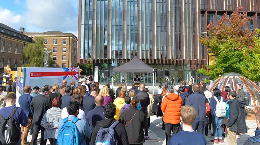 4/10/21 - staff and students gather as VC Nishan Canagarajah makes a speech at our Centenary celebrations