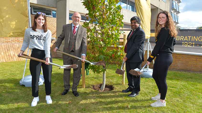 4/10/2021 - VC Nishan Canagarajah and student union president Rhiannon Jenkins plant a tree at our centenary celebrations