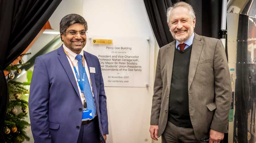 Nishan Canagarajah and Peter Soulsby pose with opening plaque in Percy Gee building