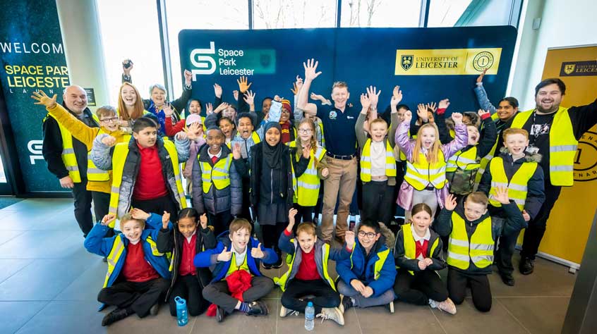 Major Tim Peake with pupils from two Leicester schools at the launch of Space Park Leicester.