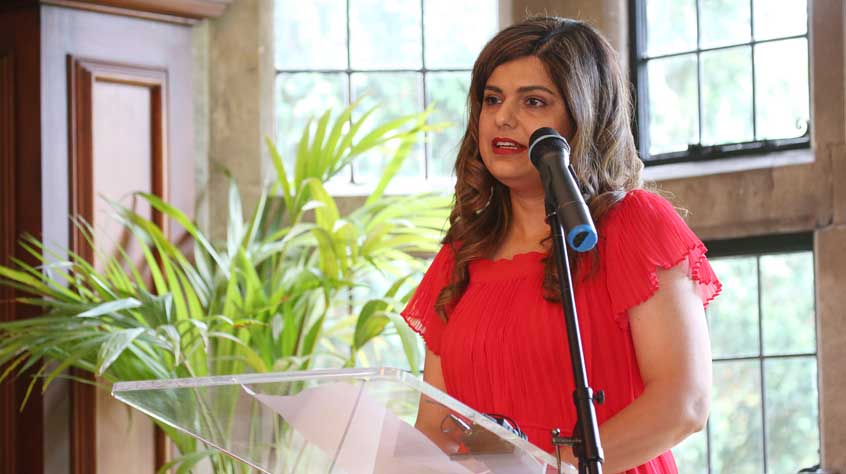 Samia Haq giving a speech at the Freedom of Borough celebrations.