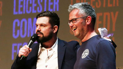 Charlie Baker and Geoff Rowe on stage at the Leicester comedy festival