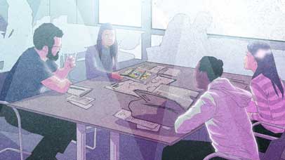 Illustration of students working in the special collections area of the library