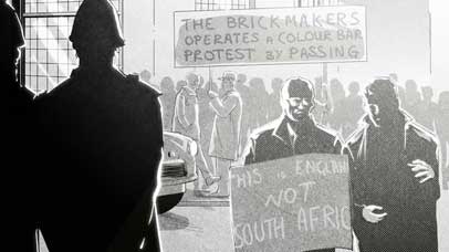 Illustration of people protesting with two police officers in the background