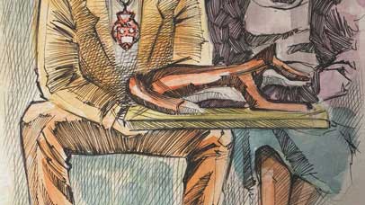 Illustration of fox mascot on the knee of two people