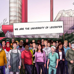 Illustration of students and staff under a sign which reads: 'we are the university of leicester'