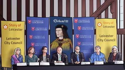 Illustration of press event on discovery of Richard III