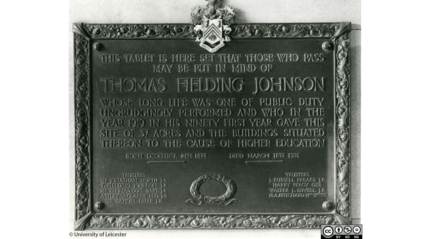 Brass commemorative plate to Thomas Fielding Johnson in the entrance to the Fielding Johnson Building.