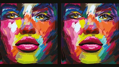 Colourful portrait of a woman's face in close-up.