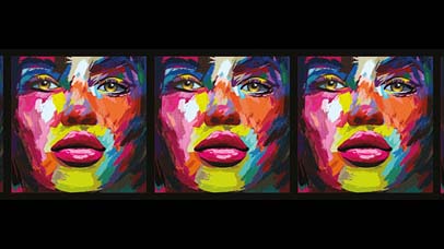 image four for the wall of women digital plaques showing the same female face three times, andy warhol style with chalky features