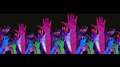 image one for the wall of women digital plaques showing hands raised in the air
