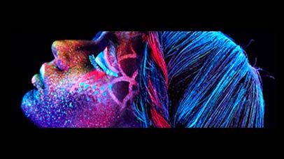 image three for the wall of women digital plaques showing a woman with her head titled upwards, eyes closed and blue chalky hair