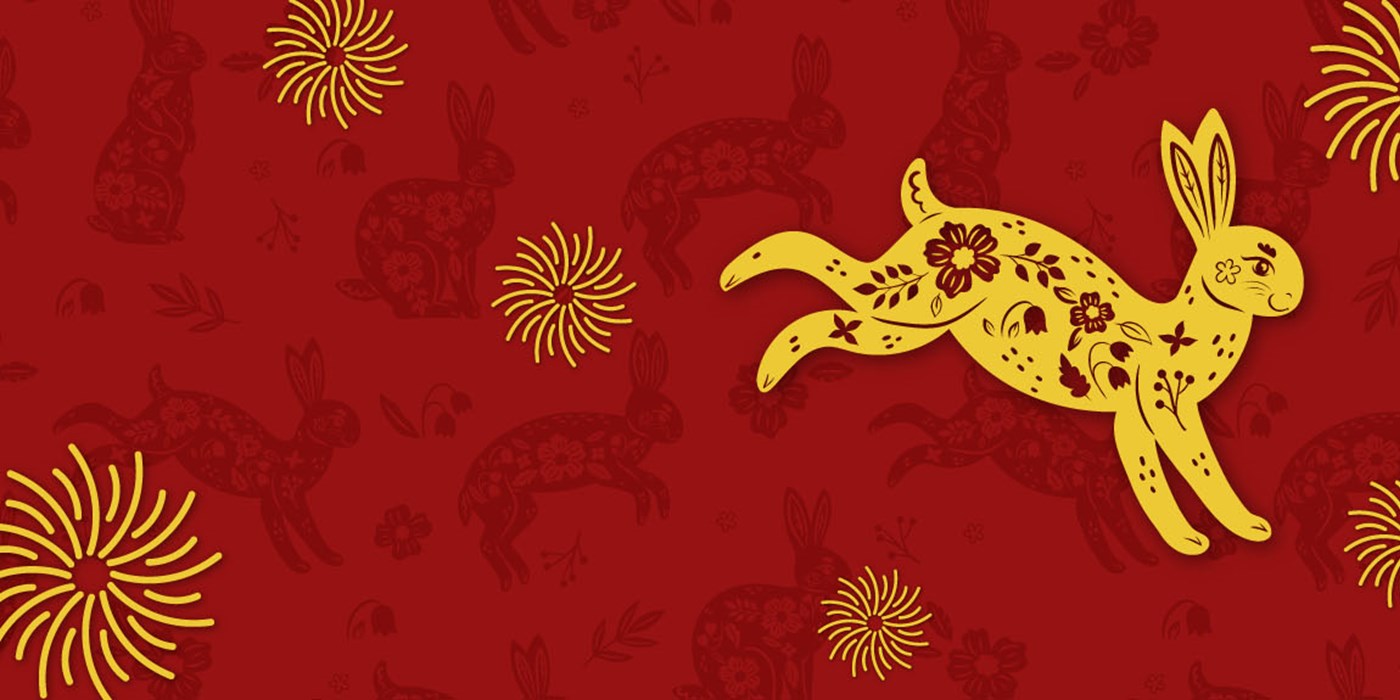 Lunar New Year 2023 banner featuring illustrated rabbits hopping on a red background