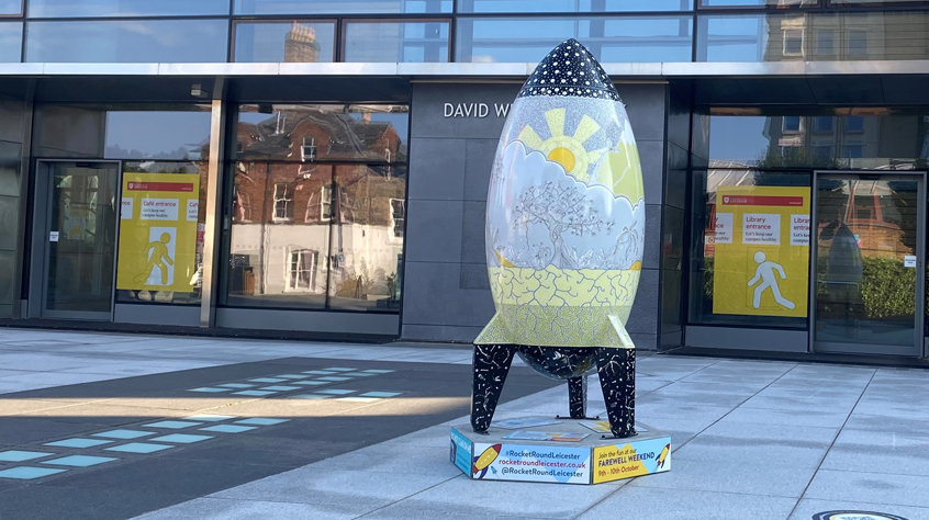 Betti's rocket on display outside of David Wilson Library on University of Leicester Campus