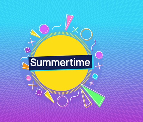 Blue and purple background with a yellow ball in the middle with the word 'summertime' imposed over the top.