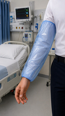 Disposable plastic arm covering, covering from wrist to elbow. Worn by a healthcare professional in a clinical setting
