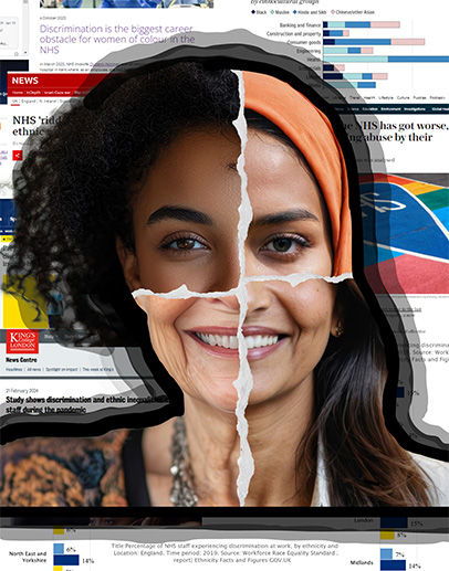 Image of a woman's face, with each quarter of the face sourced from a different individuals, representing a range of ethnicities and ages.