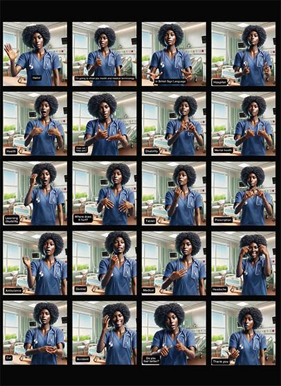 Images of a black female doctor communicating using sign language